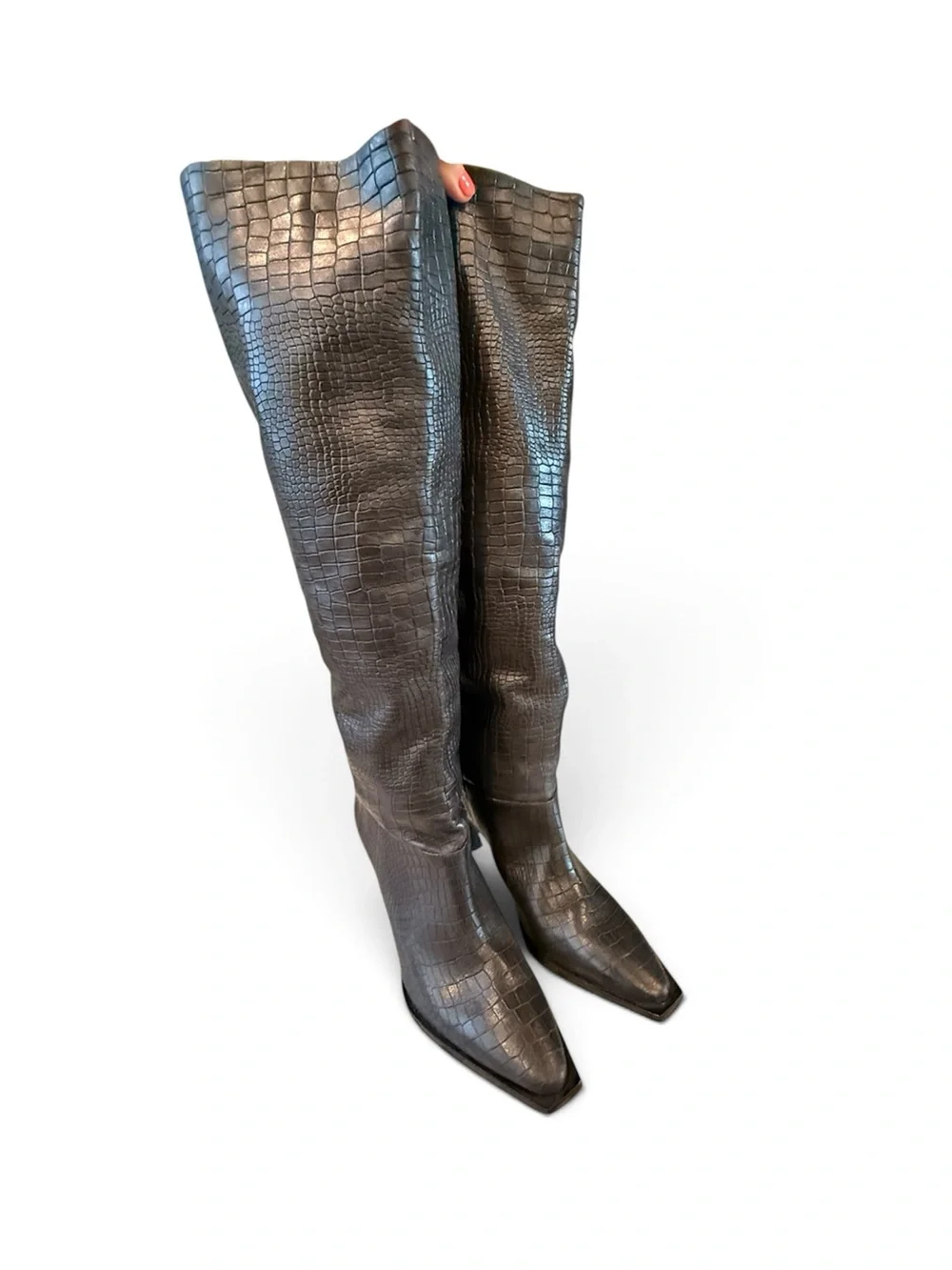 Women's Black Croc-Embossed Knee-High Heeled Boots